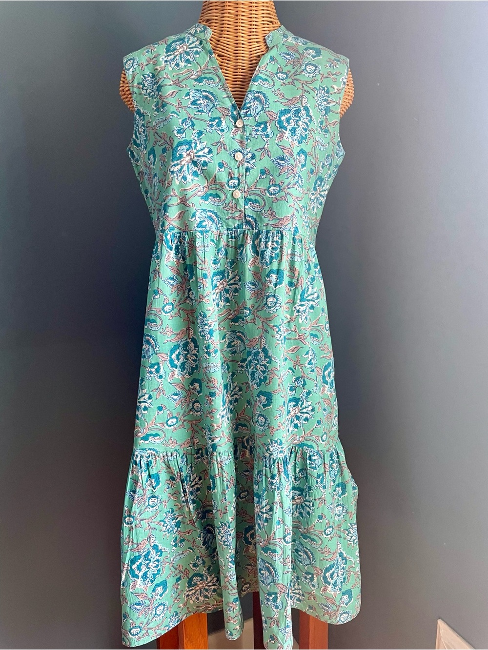 Karma East Cotton Sleeveless Midi Dress 2 Tiered V-Neck Blue Green Size XS